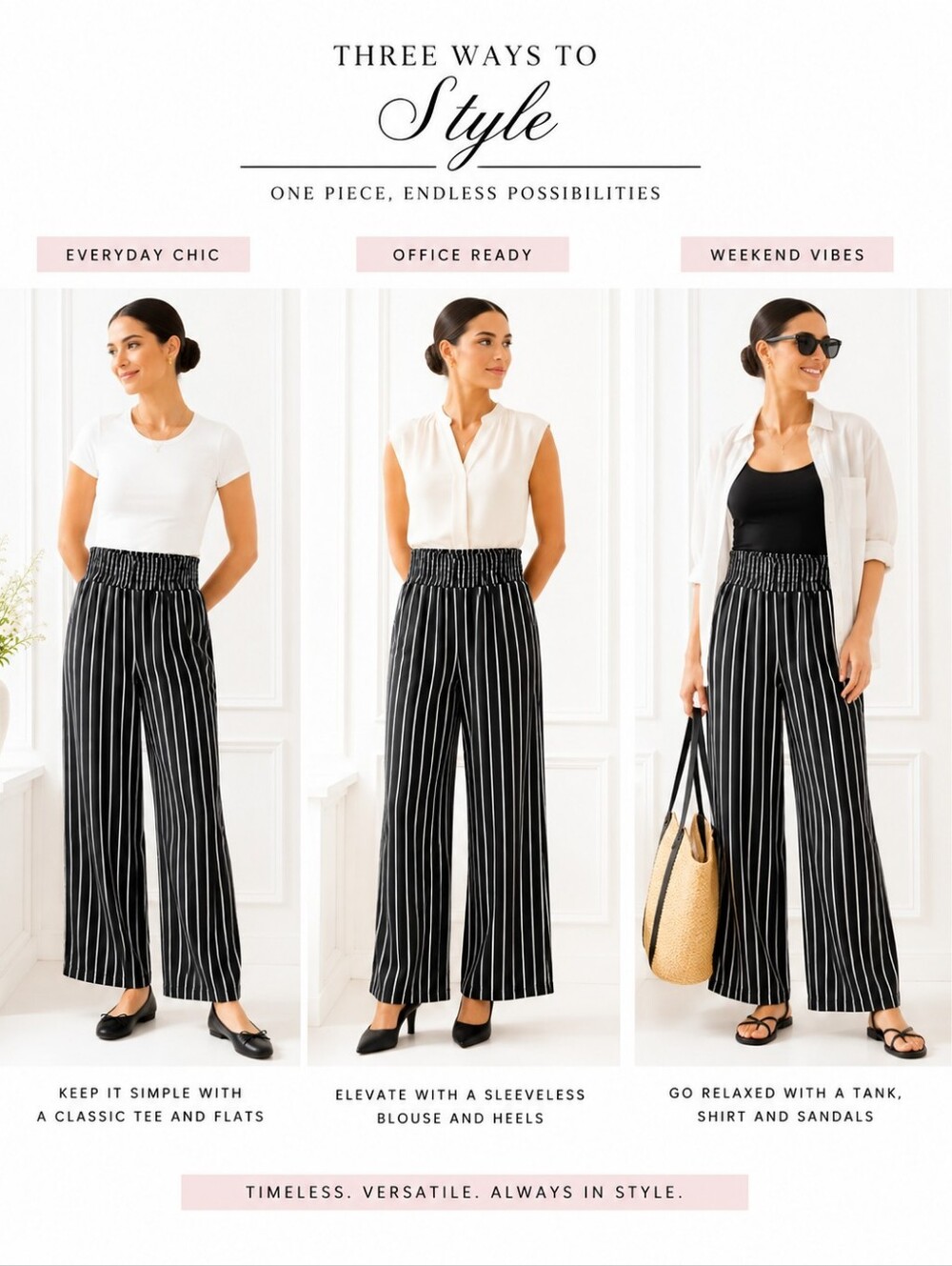NWT One 5 One Black White Stripe Wide Leg Smocked Waist Pants Size XL - Picture 4 of 11